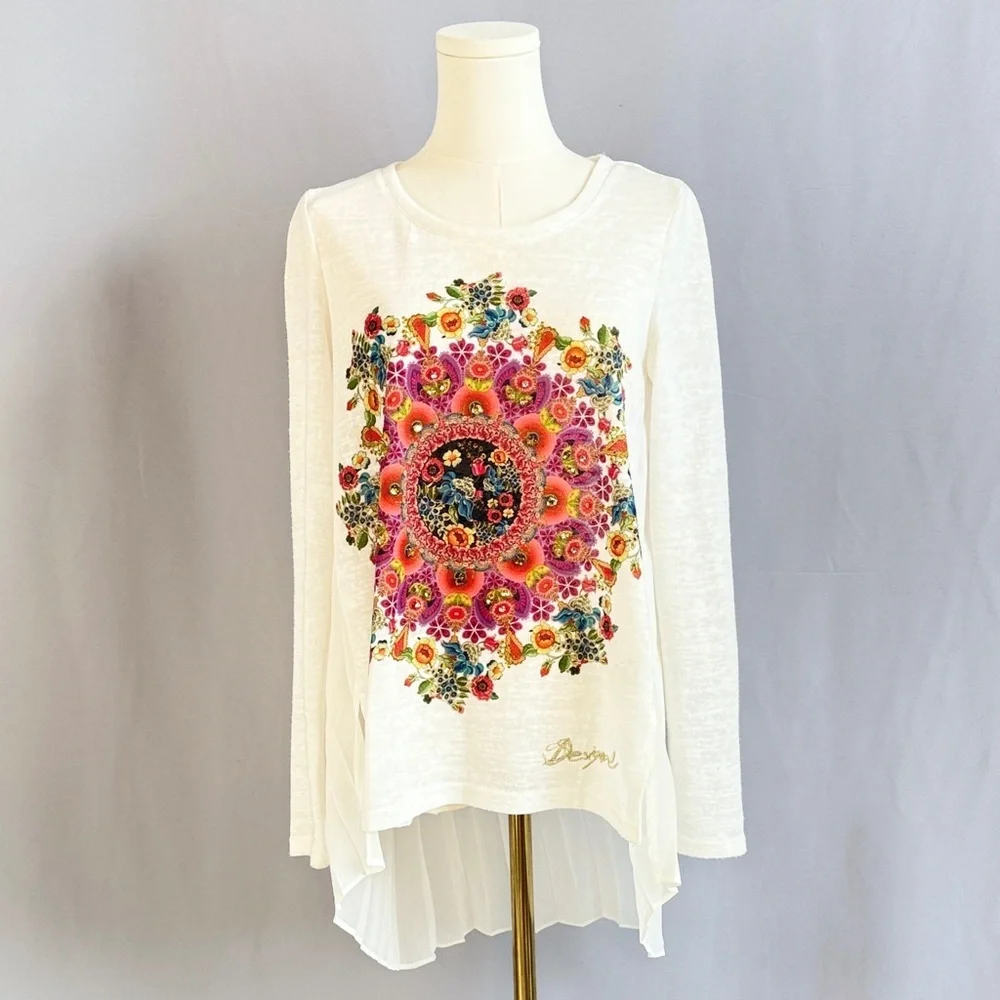 Desigual Women's White Top with Colorful Floral Design Size Small - Picture 1 of 8